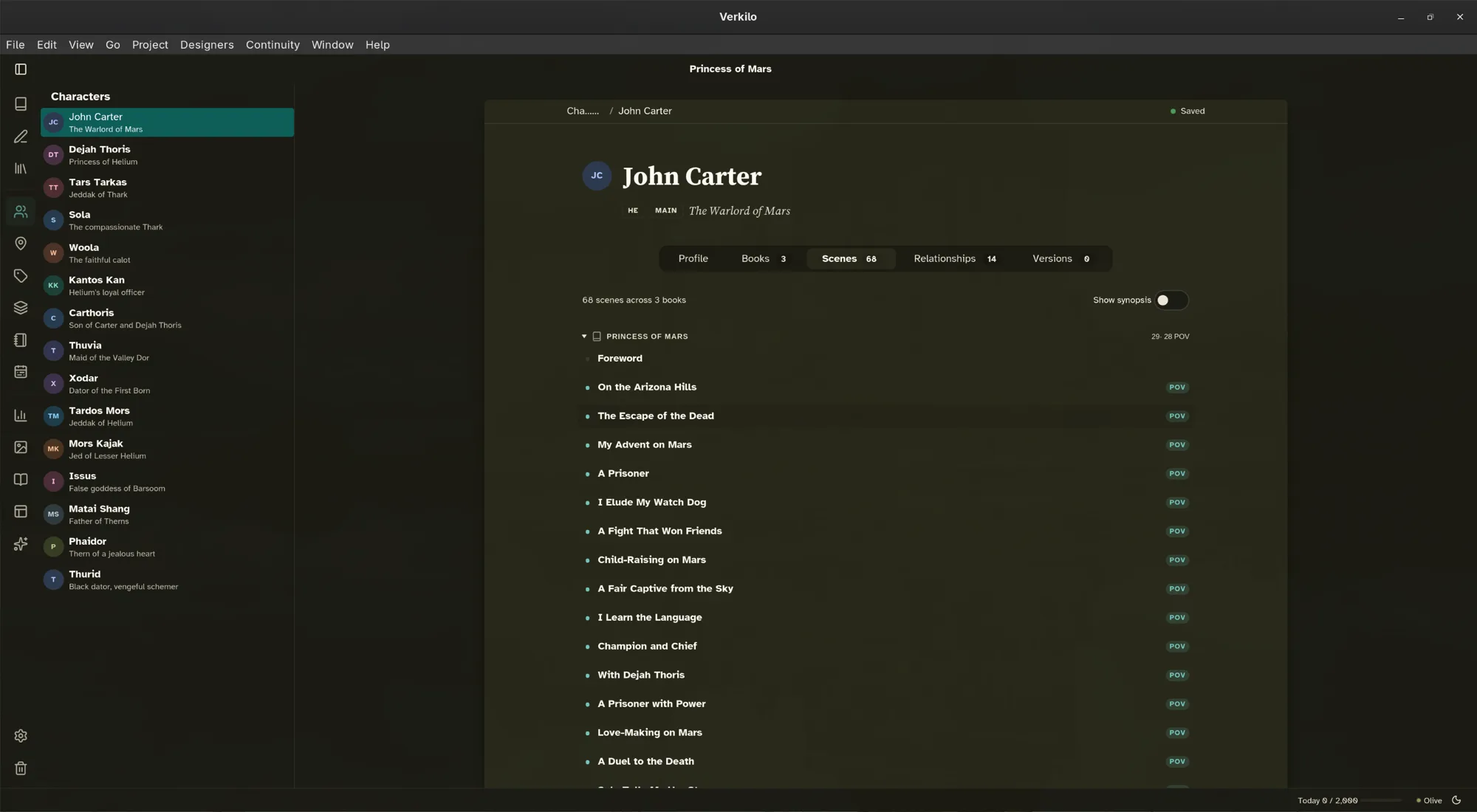 Verkilo character scenes list showing every appearance with POV