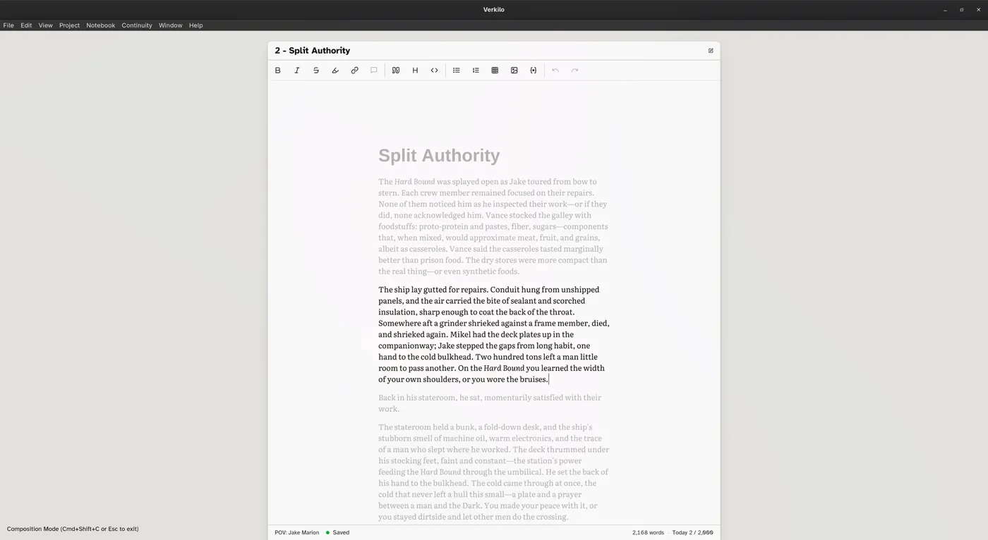 Verkilo composition mode dimming inactive paragraphs