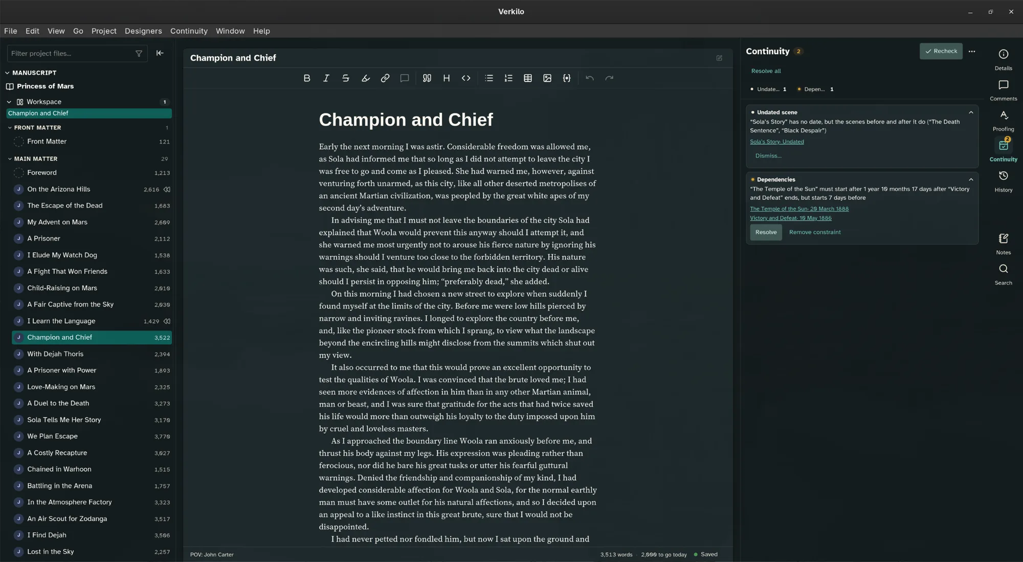 Verkilo's continuity checker listing conflicts found across a series
