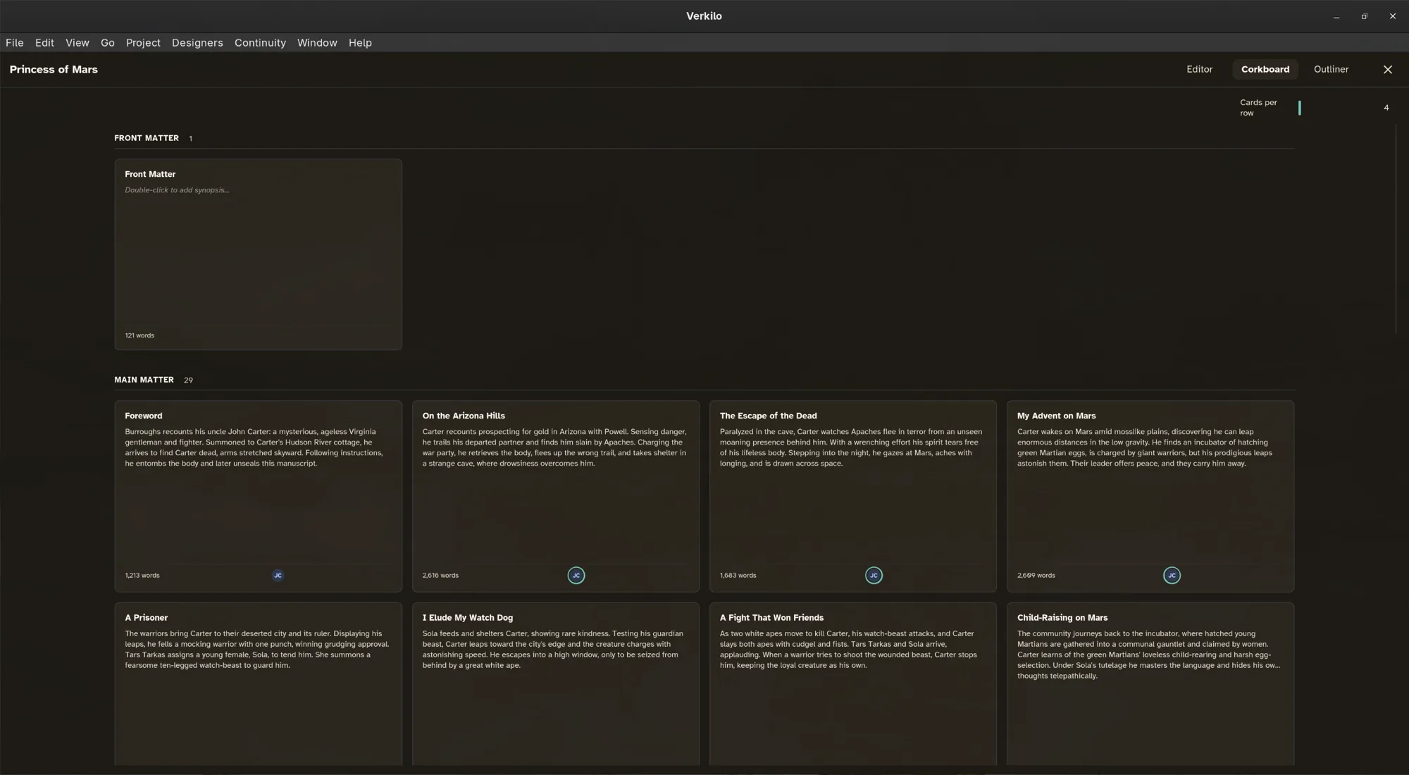 Verkilo corkboard and outliner planning views