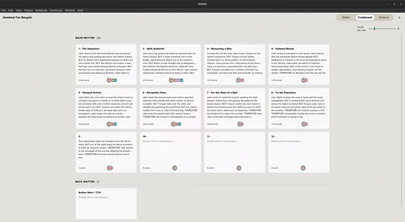 Verkilo corkboard with a synopsis card for every section