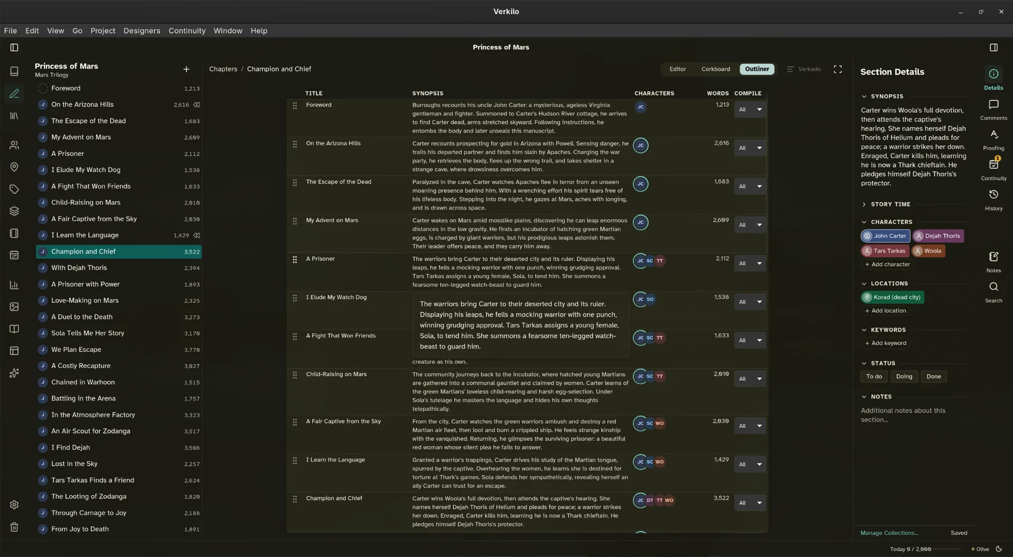 Verkilo outliner listing titles, synopses, and word counts