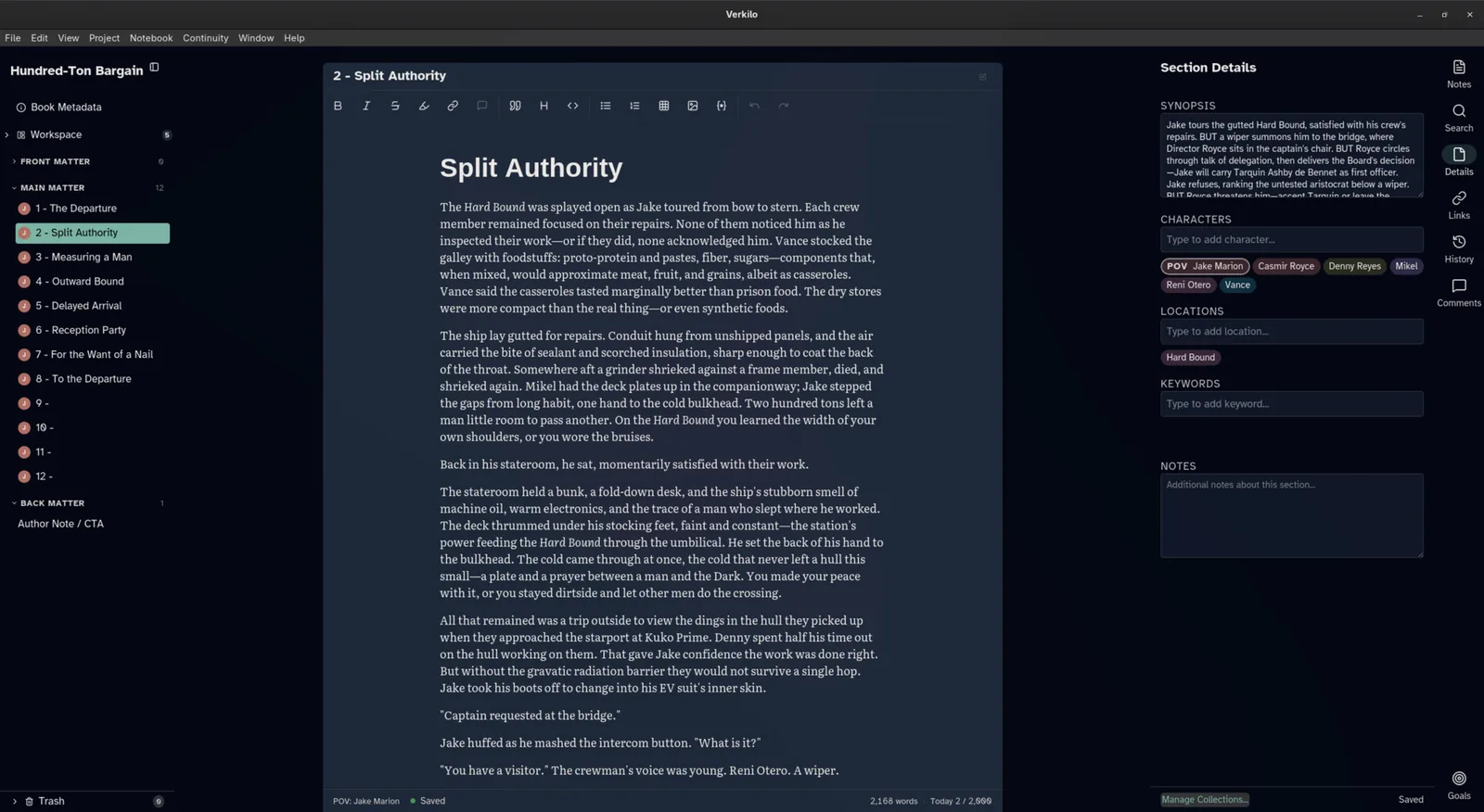 Verkilo editor with the workspace navigator and section details panels open