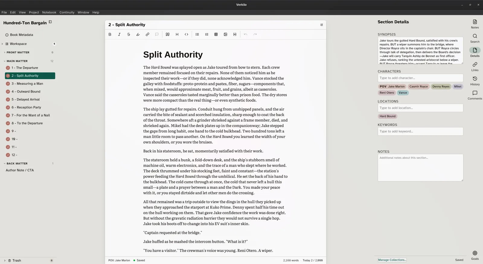 Verkilo editor with the workspace navigator and section details panels open