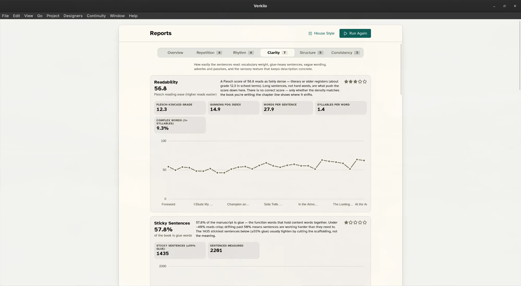 Verkilo Reports clarity tab with readability, sticky sentences, and sensory balance