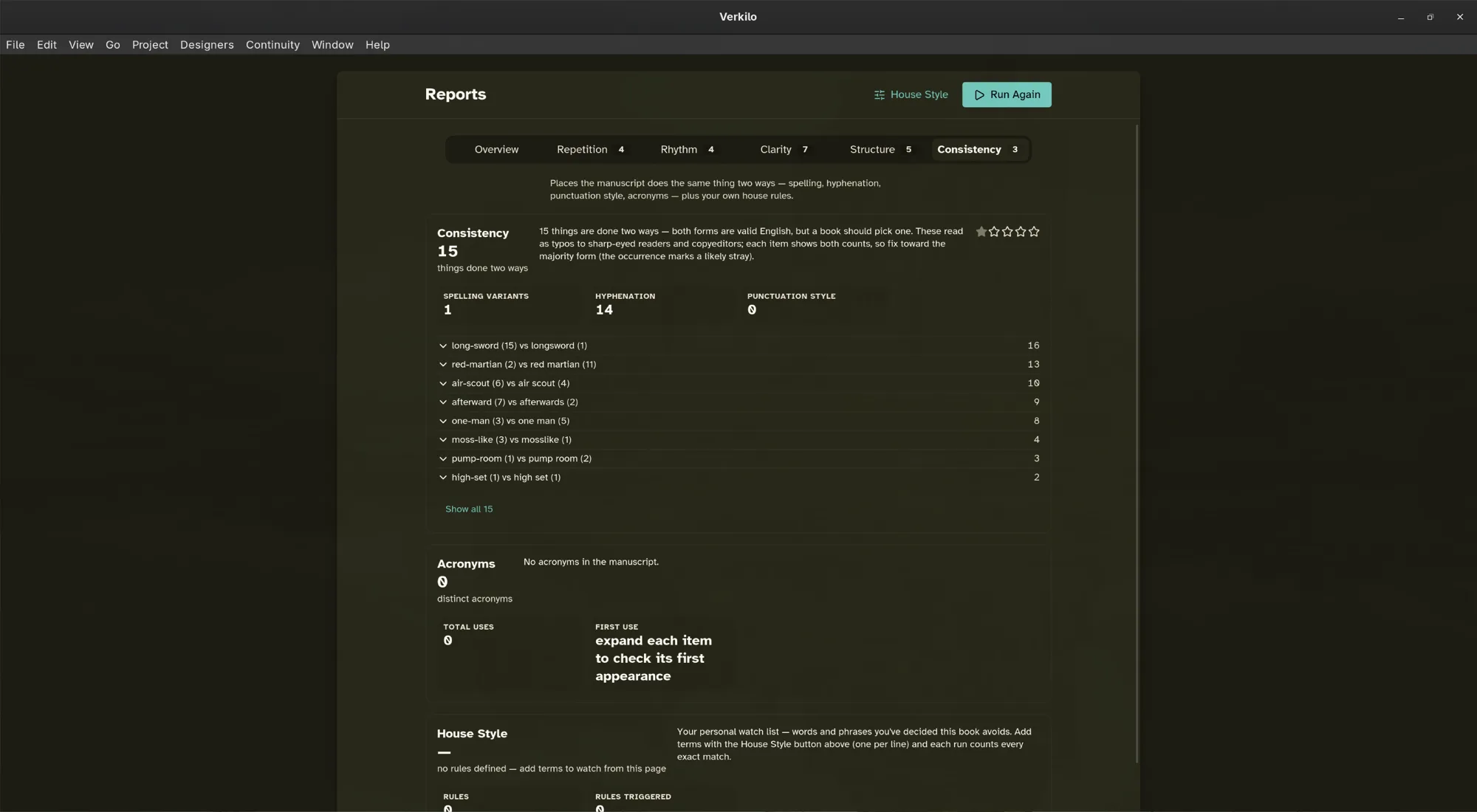 Verkilo Reports consistency tab with spelling variants and house style rules