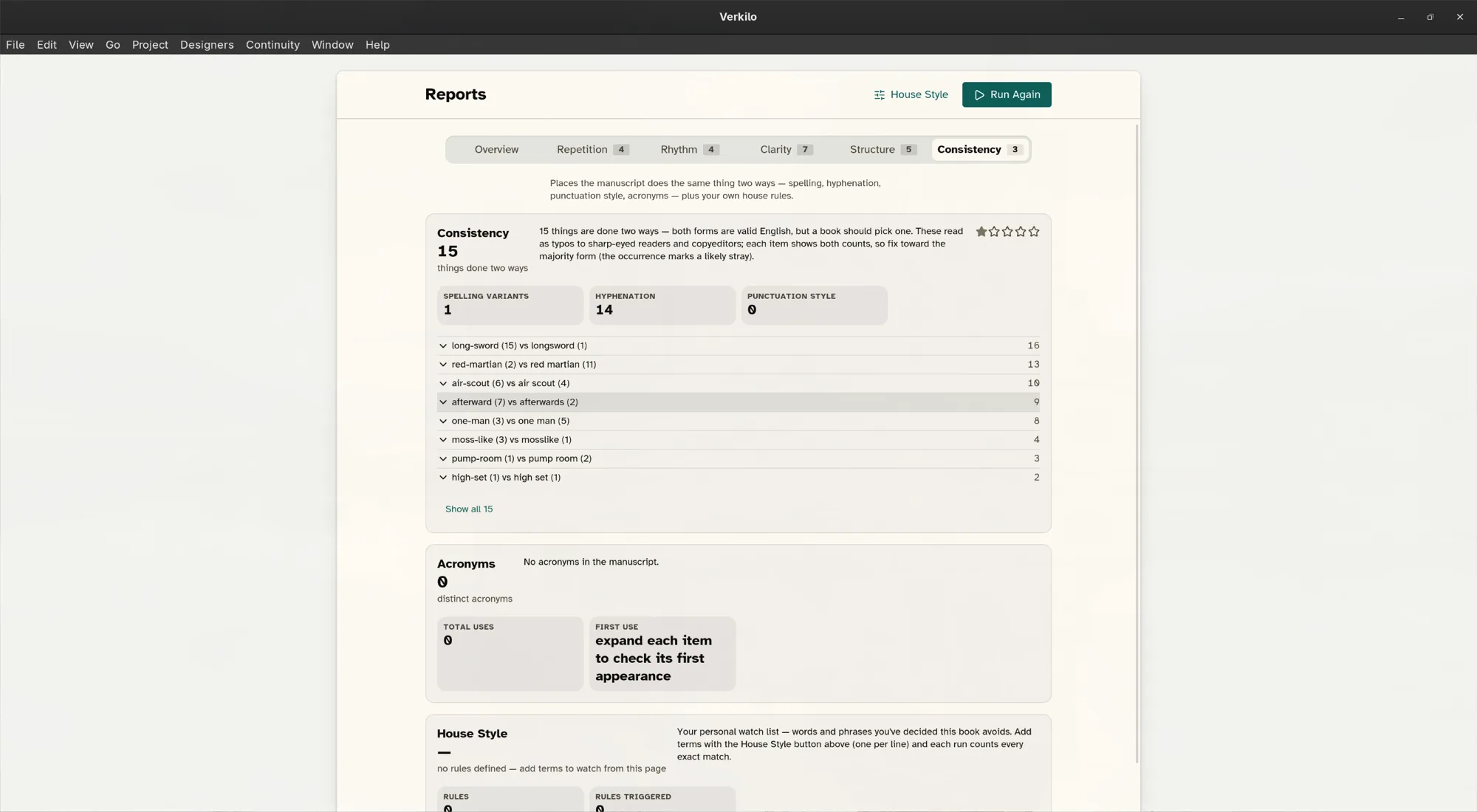 Verkilo Reports consistency tab with spelling variants and house style rules