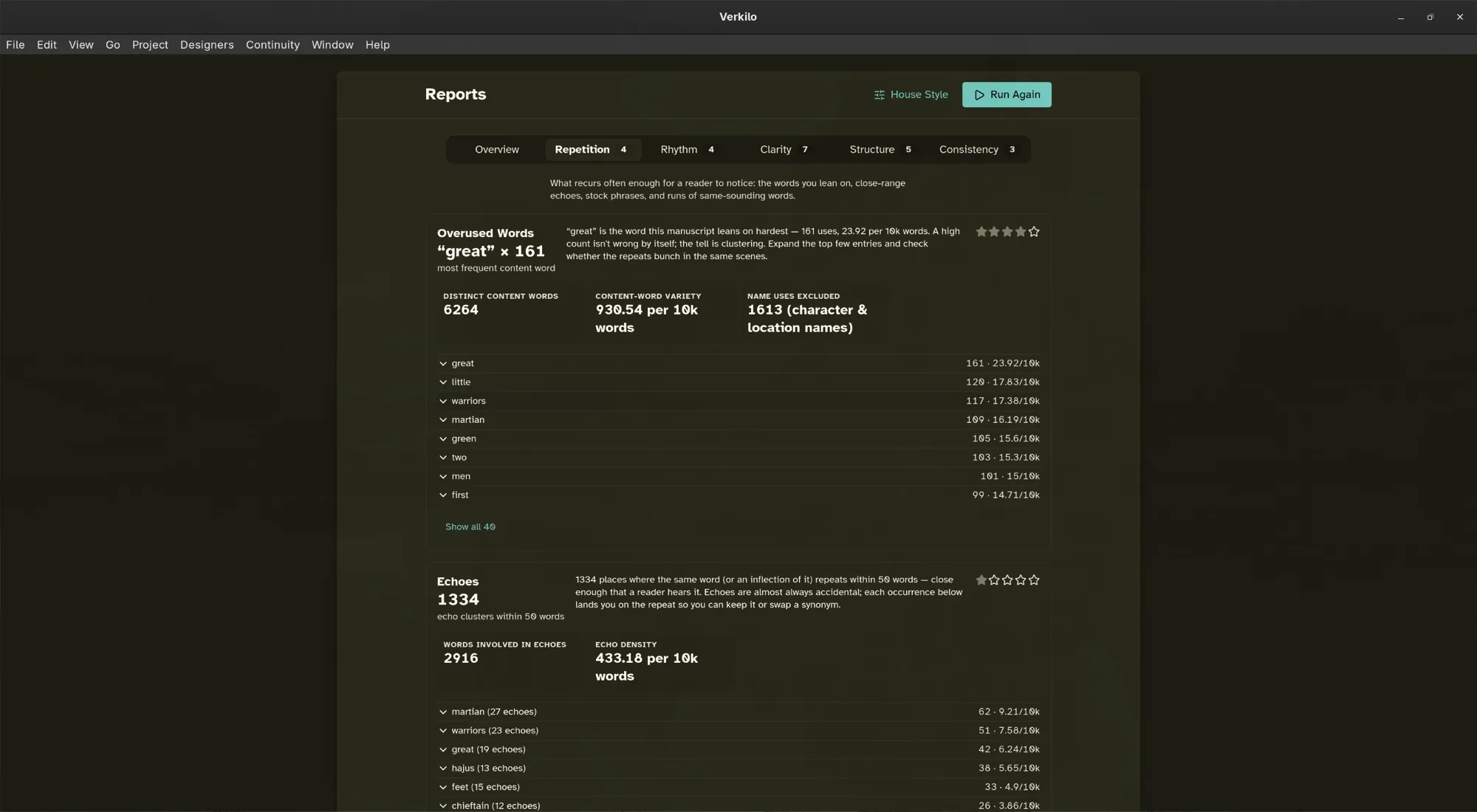 Verkilo Reports repetition tab showing overused words with occurrence counts