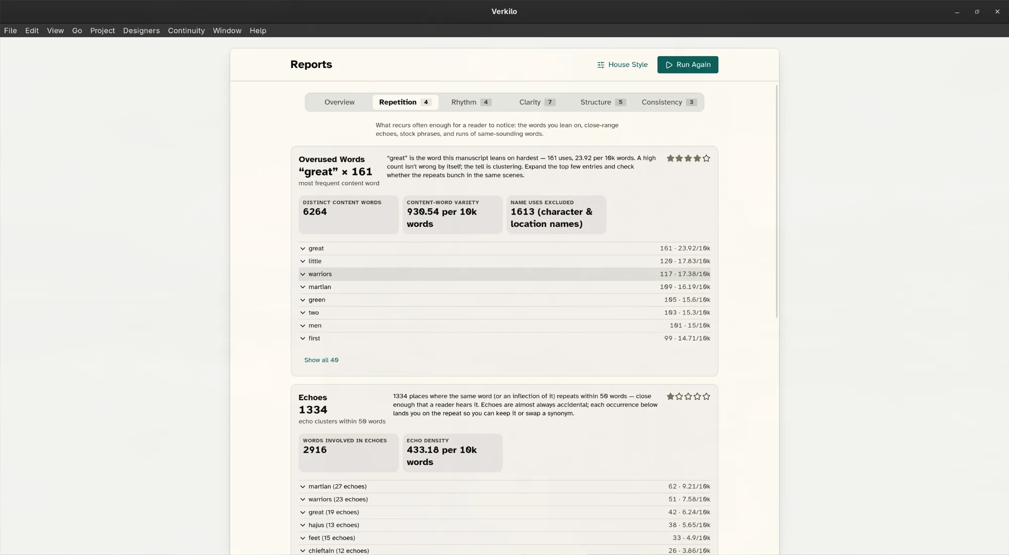 Verkilo Reports repetition tab showing overused words with occurrence counts