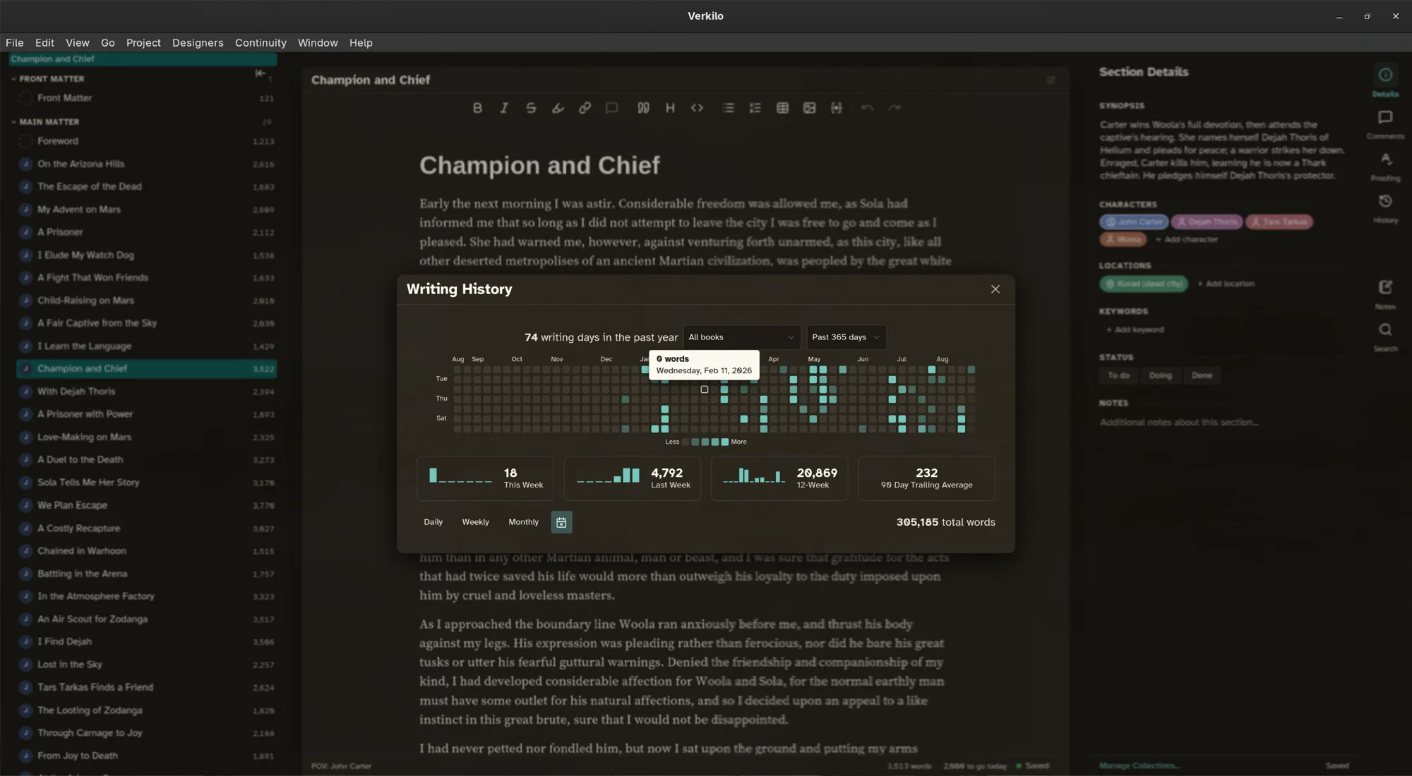 Verkilo Writing History with a year heatmap and weekly word counts
